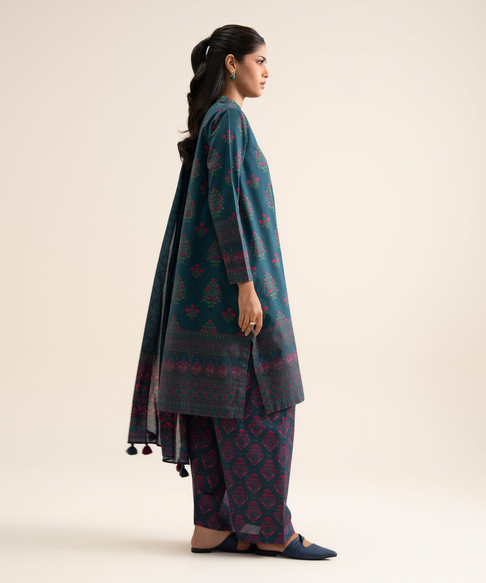 Women's Unstitched Cotton Printed Blue 3 Piece Suit