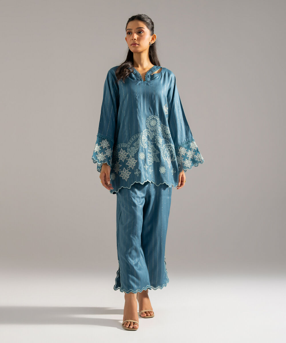 Women's RTW Dobby Crepe Lurix Solid Embroidered Teal Straight Shirt