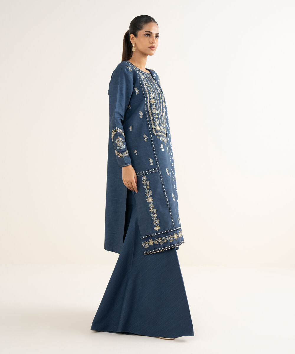 Women's Unstitched Textured Cotton Embroidered Blue 3 Piece Suit