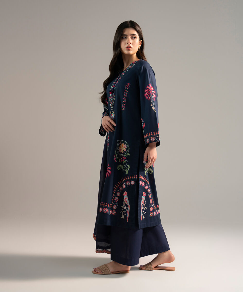 Women's RTW Lawn Printed Dark Blue 3 Piece Suit
