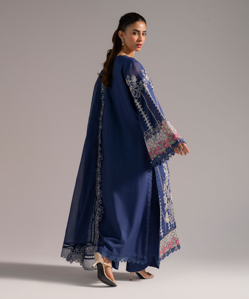 Women's RTW Dobby Embroidered Dark Blue 3 Piece Suit
