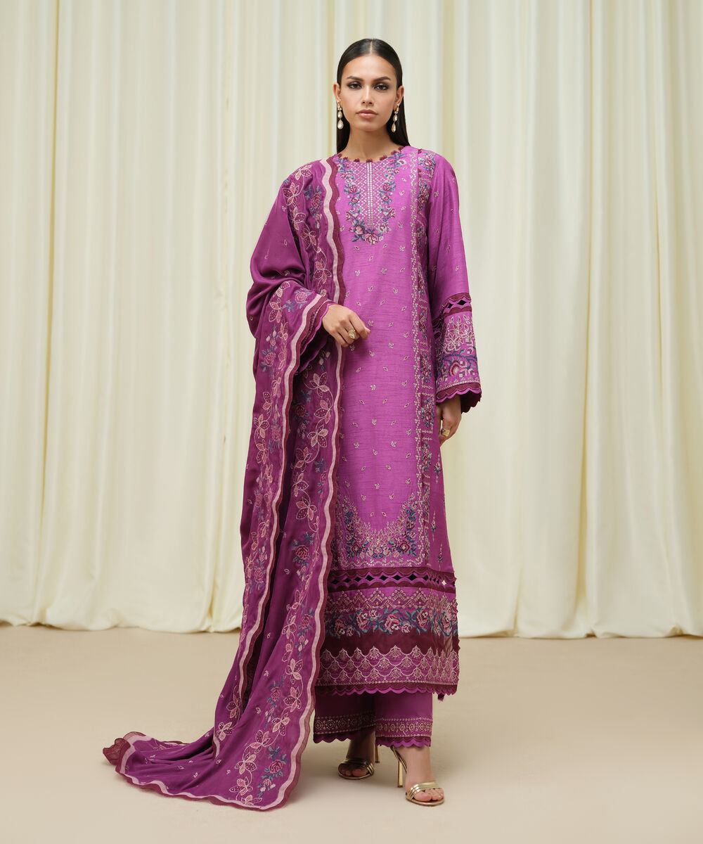Women's Unstitched Raw Silk Embroidered Purple 3 Piece Suit