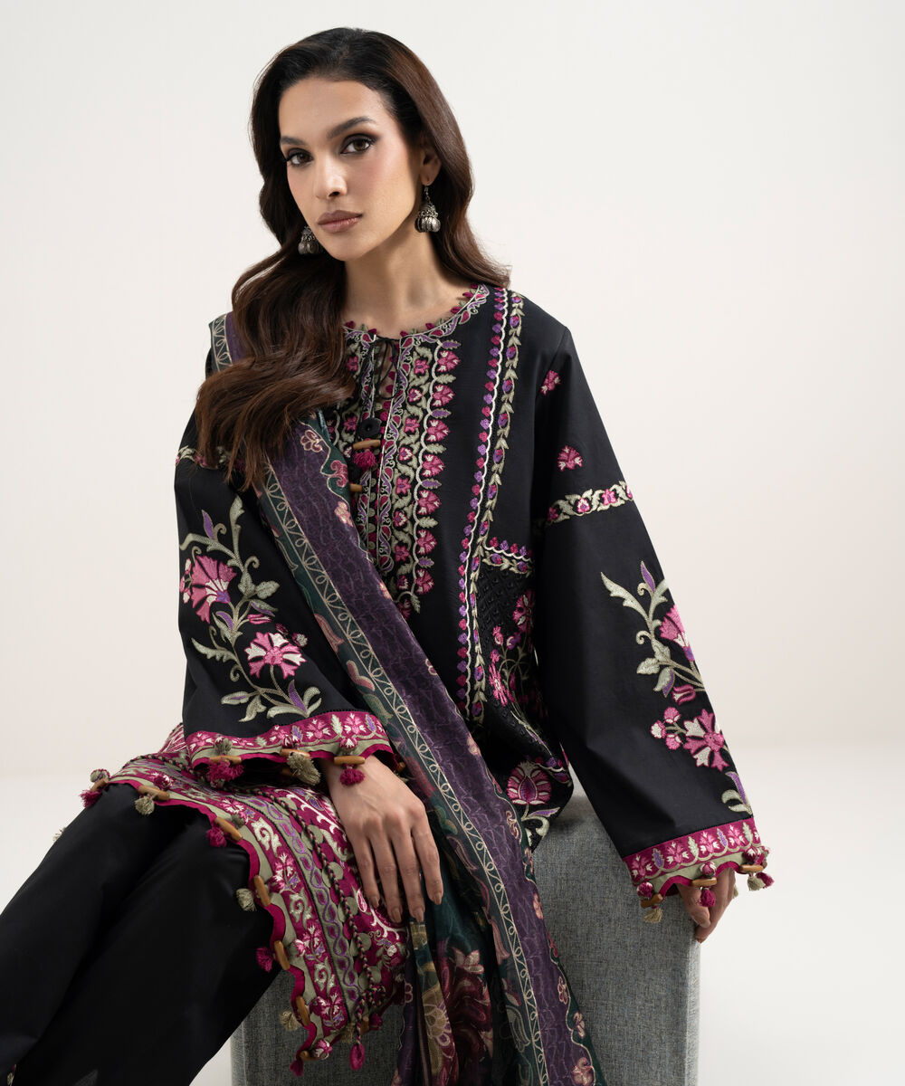 Women's Unstitched Lawn Embroidered Black 3 Piece Suit