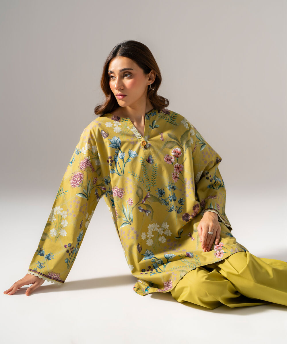 Women's RTW  Cambric Printed Muted Yellow Drop Shoulder