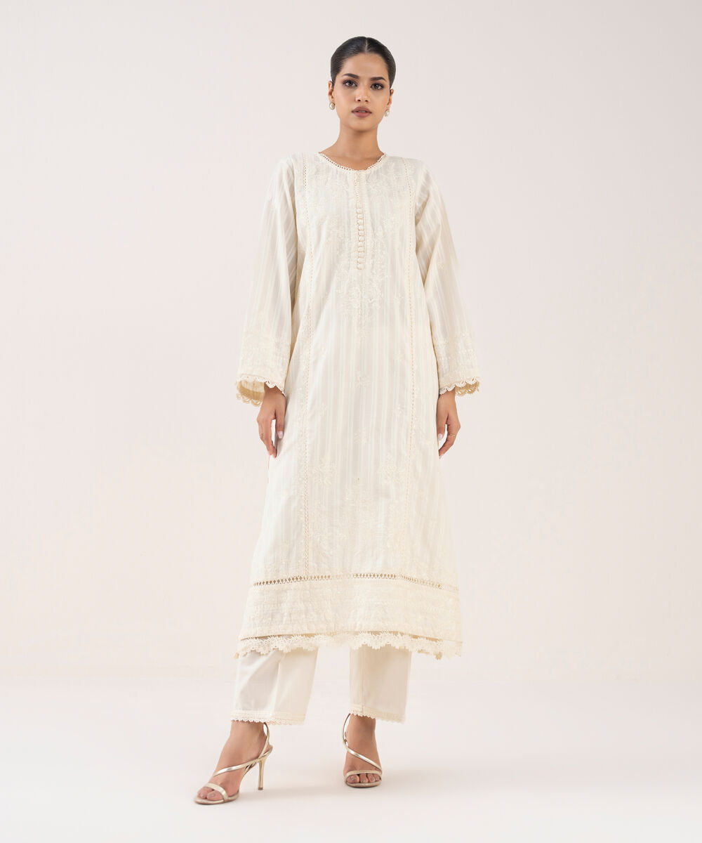 Women's RTW Textured Lawn Off White Embroidered A-Line Shirt