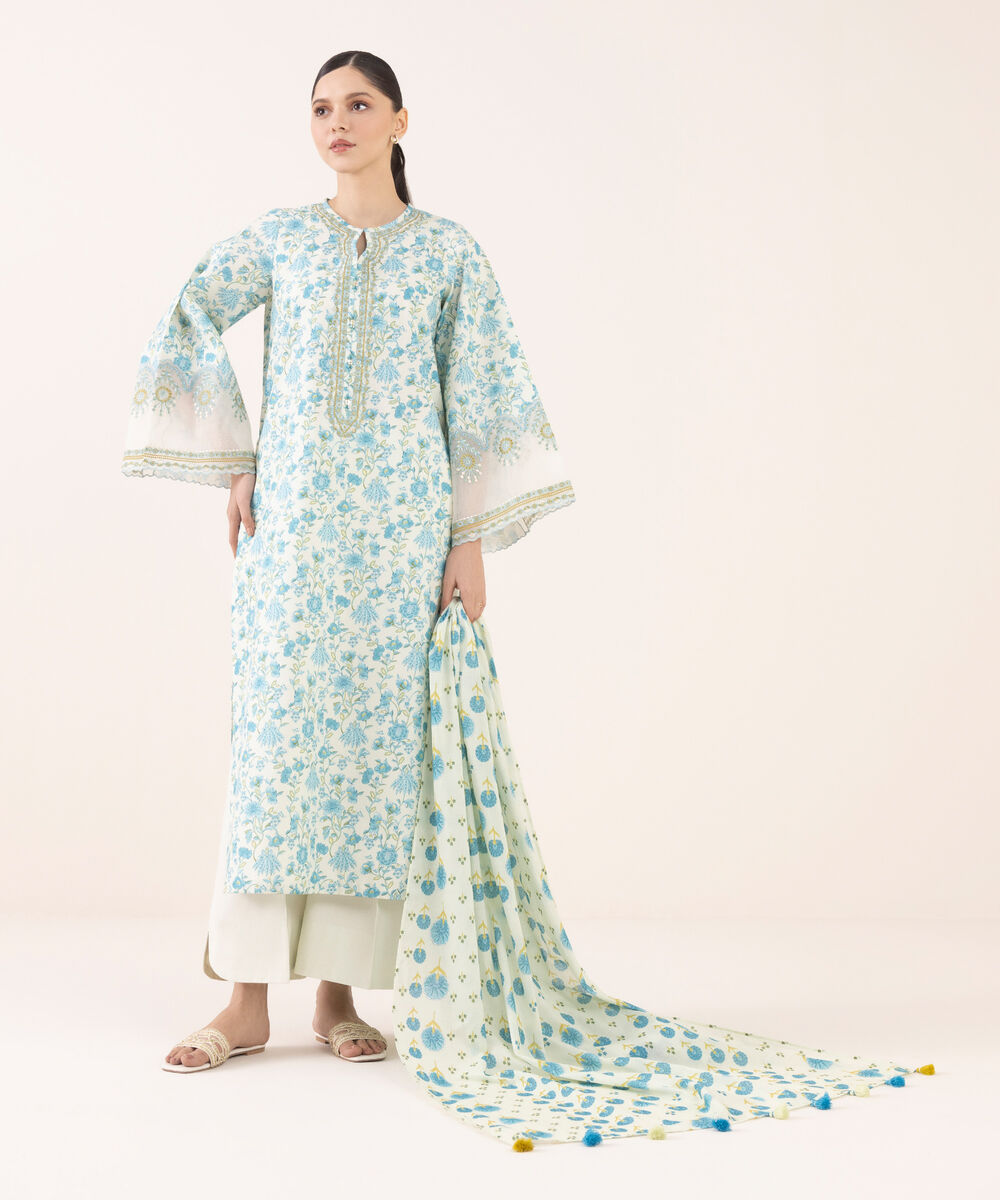 Women's Unstitched Cotton Embroidered Multi Three Piece Suit