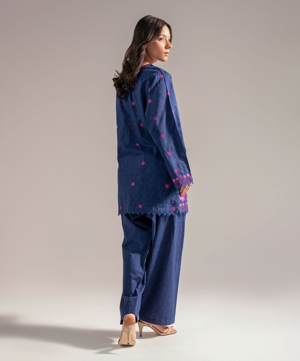 Women's RTW Self Jacquard Embroidered Dark Blue 2 Piece Suit
