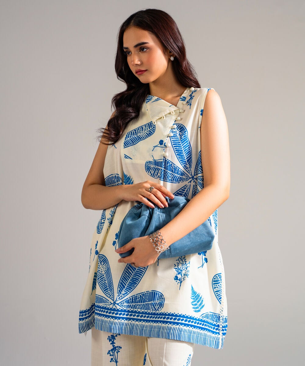 Women's RTW Slub Lawn Printed Off White Straight Shirt