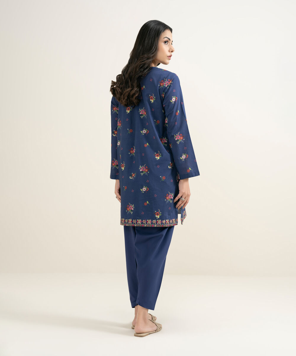 Women's RTW Slub Lawn Embroidered Blue Straight Shirt