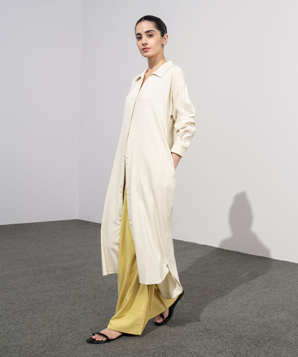 Women's Western Wear Beige Seersucker Shirt Dress