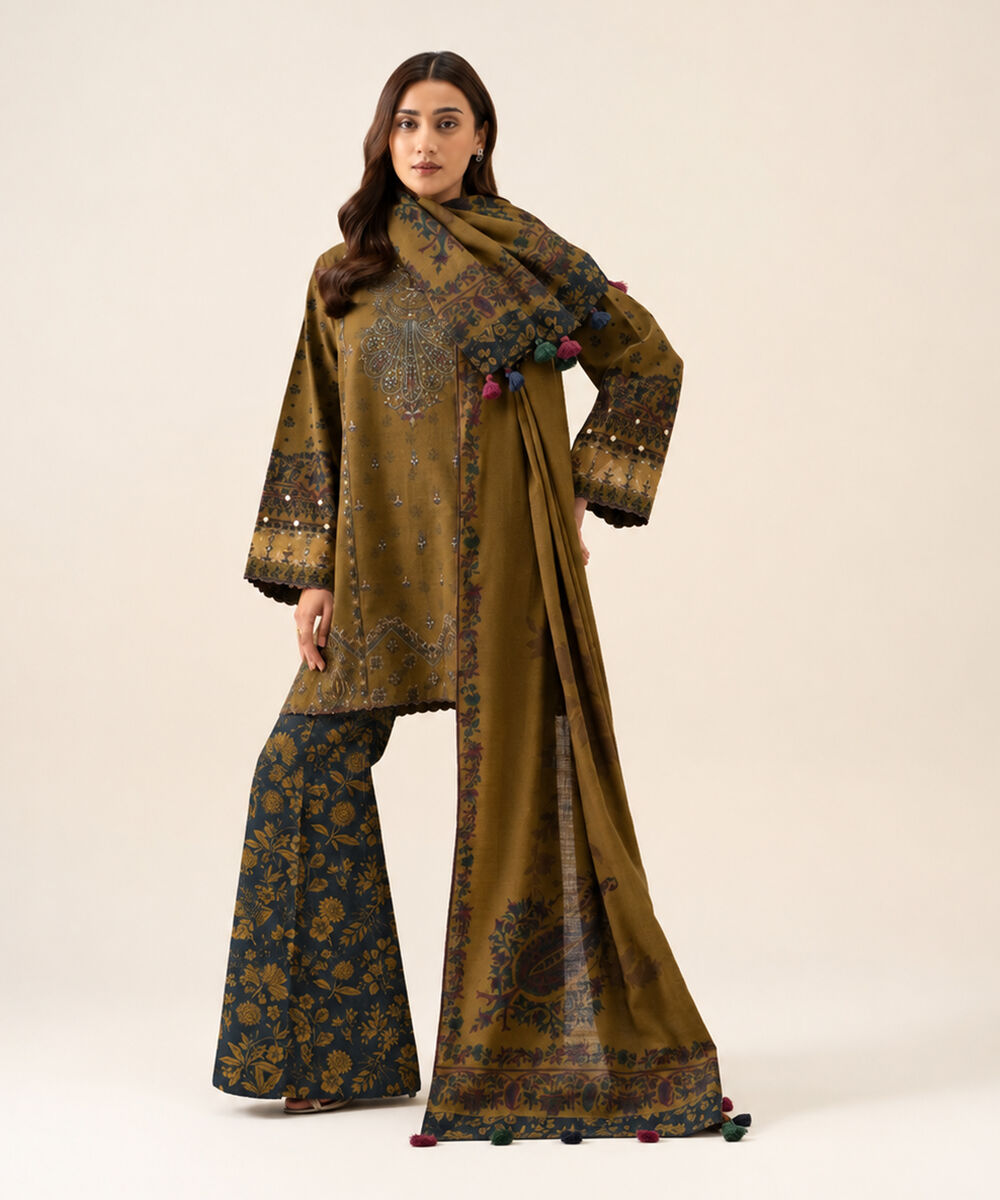 Women's Unstitched Light Khaddar Embroidered Dark Olive Green 3 Piece Suit