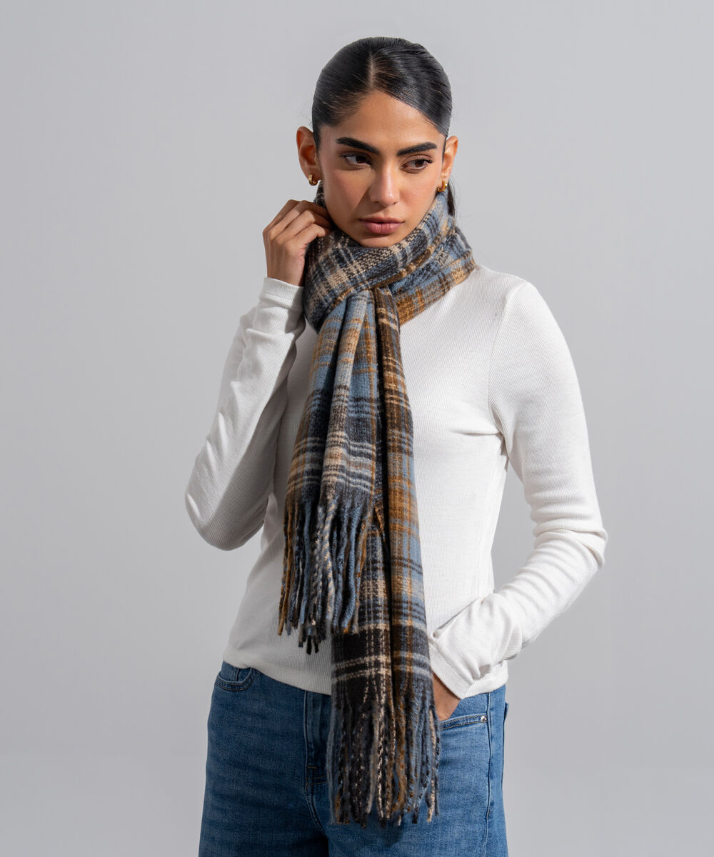 Women's Western Wear Black Polyester Checkered Woolen Scarf