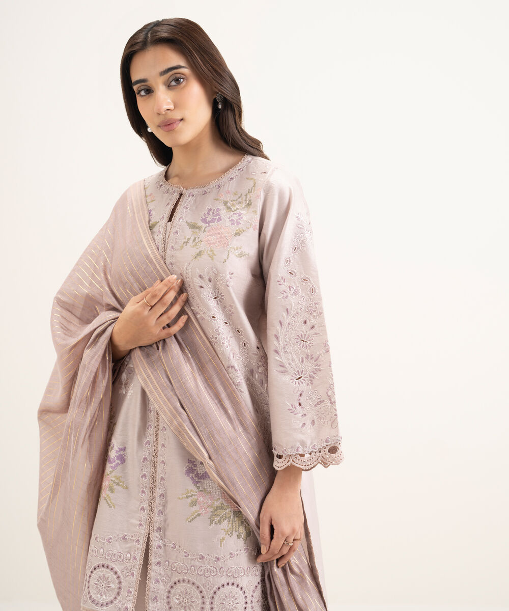 Women's RTW Silk Cotton Net Embroidered Lilac 3 Piece Suit