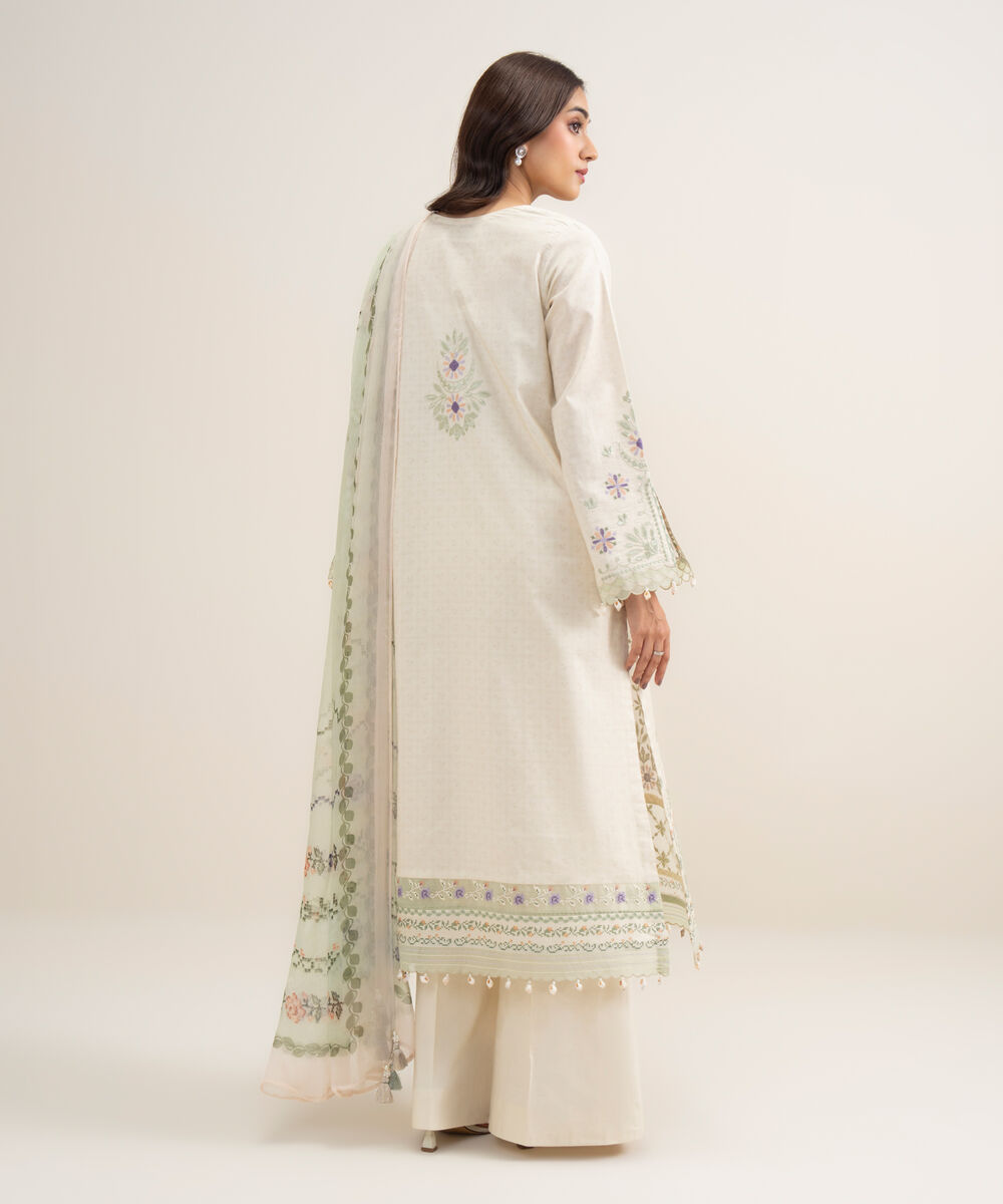 Women's Unstitched Lawn Embroidered Off White 3 Piece Suit