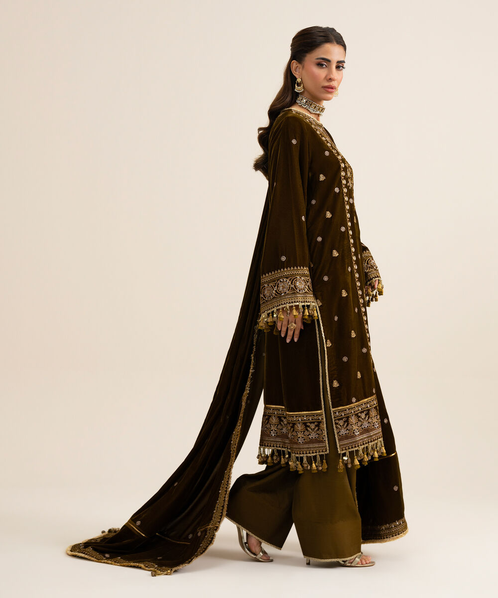 Women's Unstitched Velvet Embroidered Dark Brown 3 Piece Suit