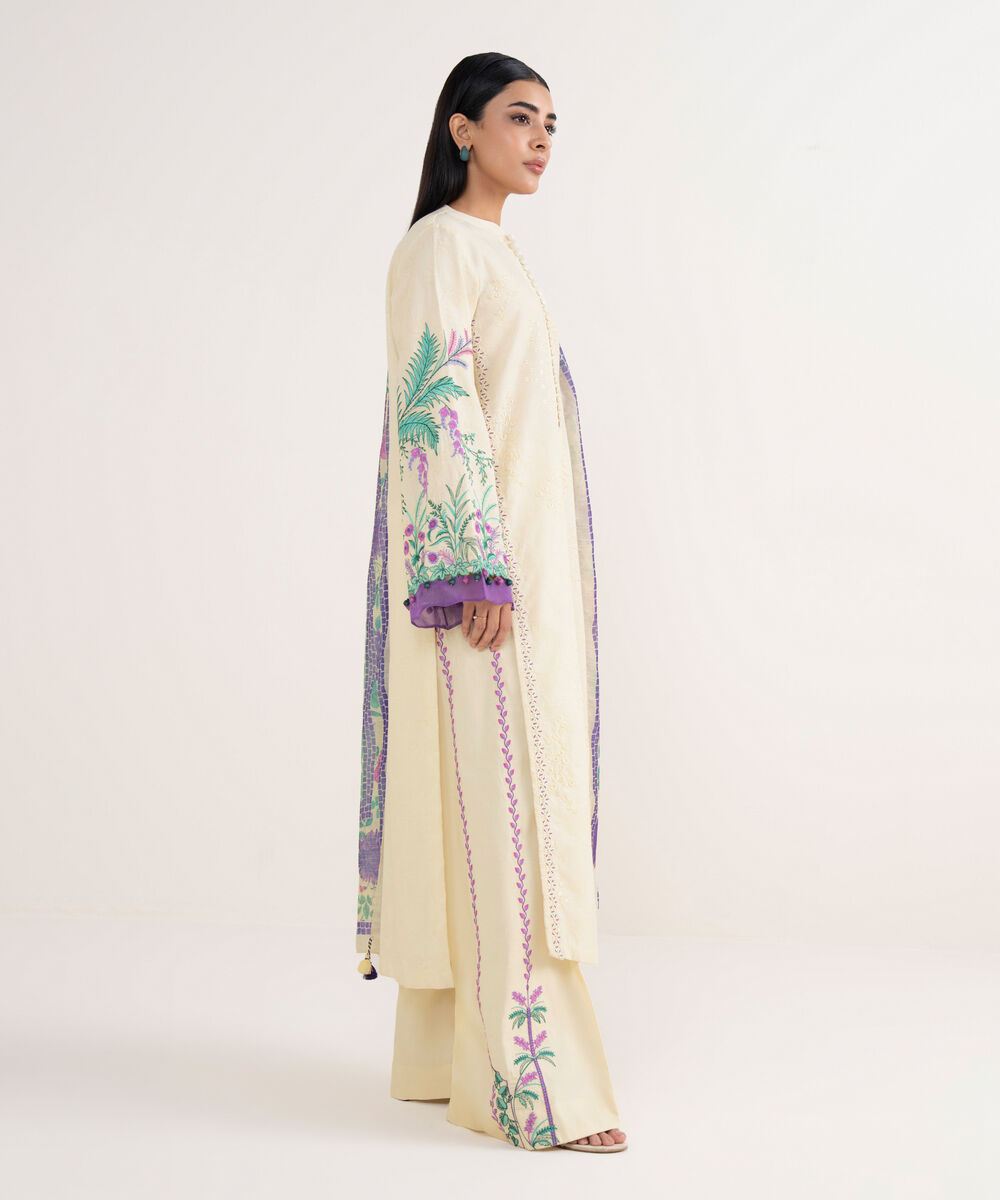 Women's Unstitched Cotton Jacquard Embroidered Off White 3 Piece Suit