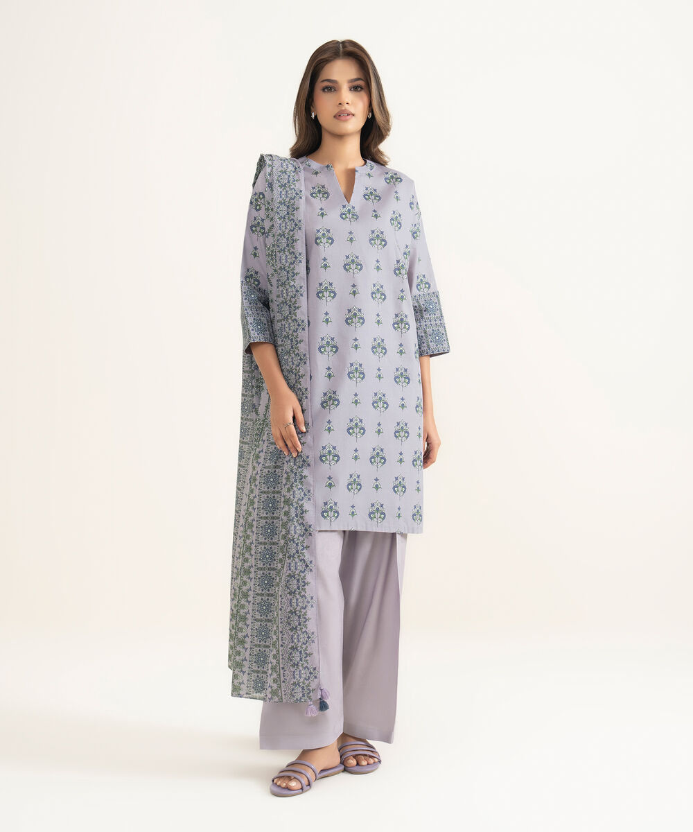Women's Unstitched Lawn Printed Purple 3 Piece Suit