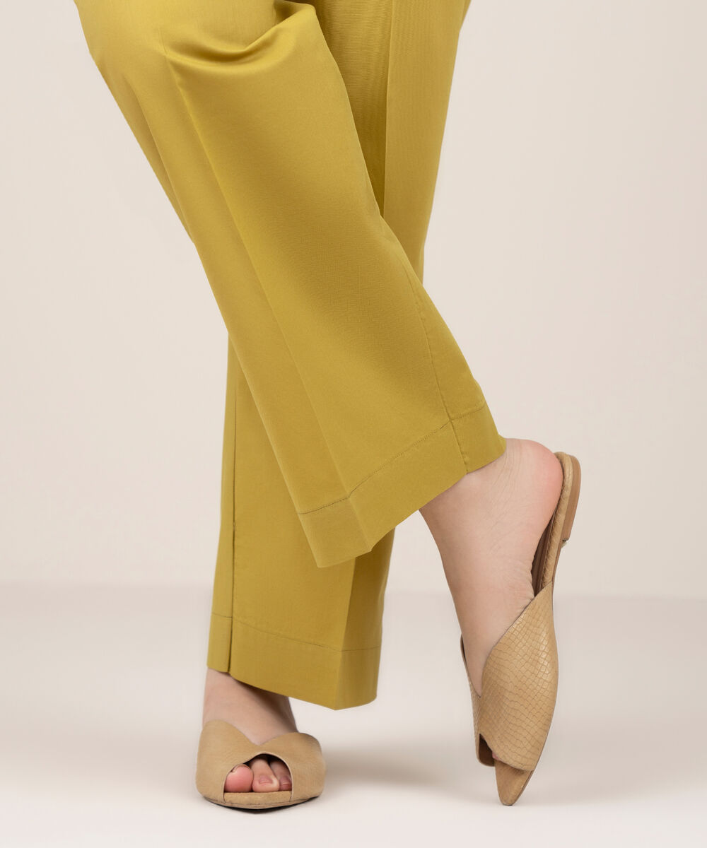 Women's RTW Cotton Solid Yellow Straight Pants