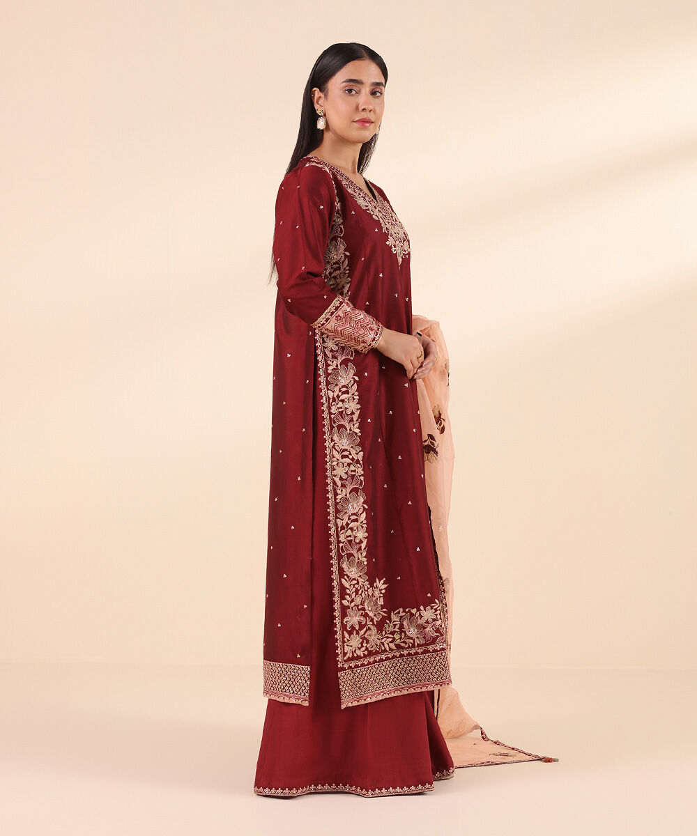Women's RTW Silk Cotton Net Red Embroidered Three Piece Suit