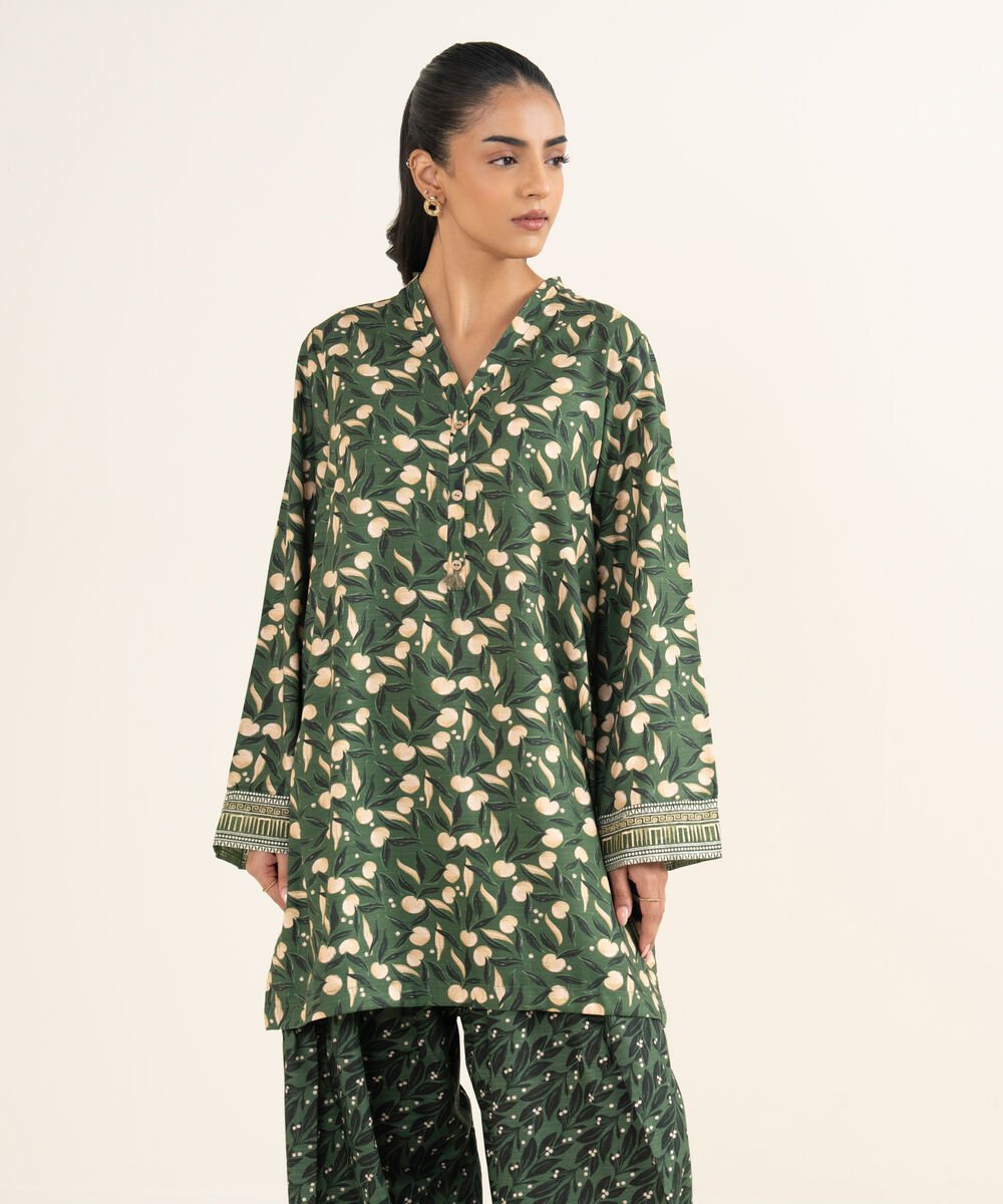 Women's RTW Herringbone Embroidered Green A-Line Shirt