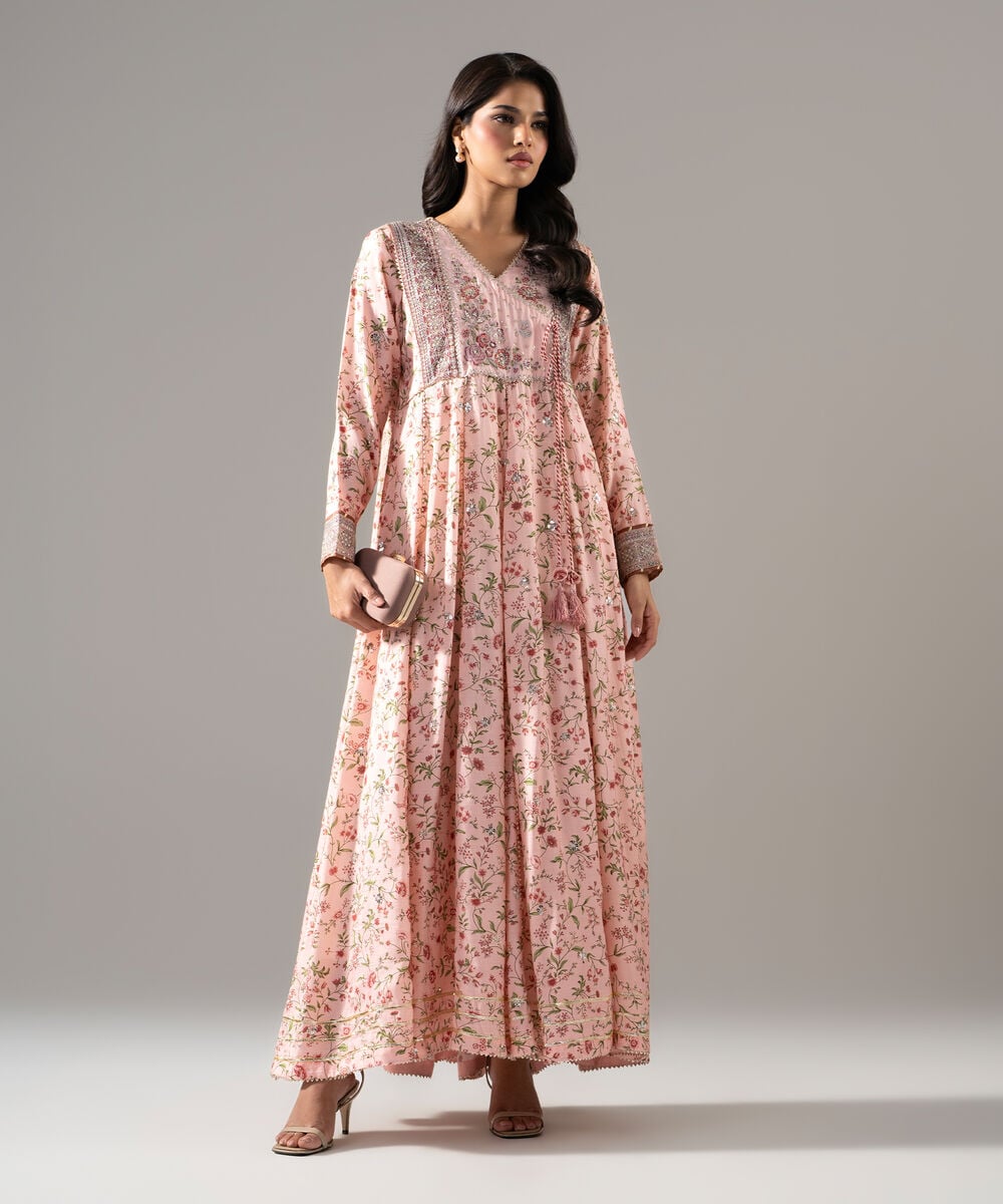 Women's RTW Bright Raw Silk Printed Pink Dress