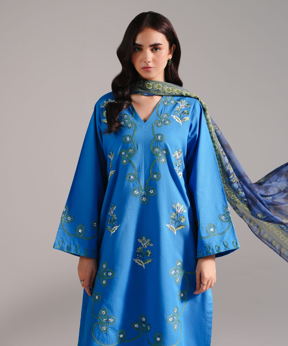 Women's RTW Dobby Embroidered Blue 3 Piece Suit