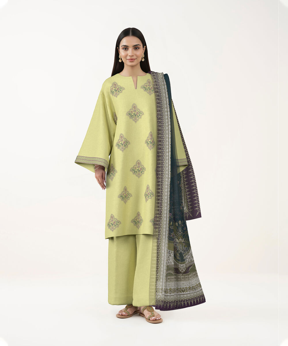 Women's Unstitched Lawn Light Yellow Embroidered 3 Piece Suit