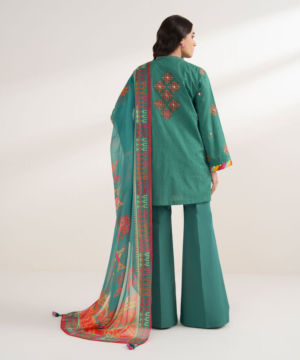 Women's Unstitched Cotton Embroidered Green 3 Piece Suit