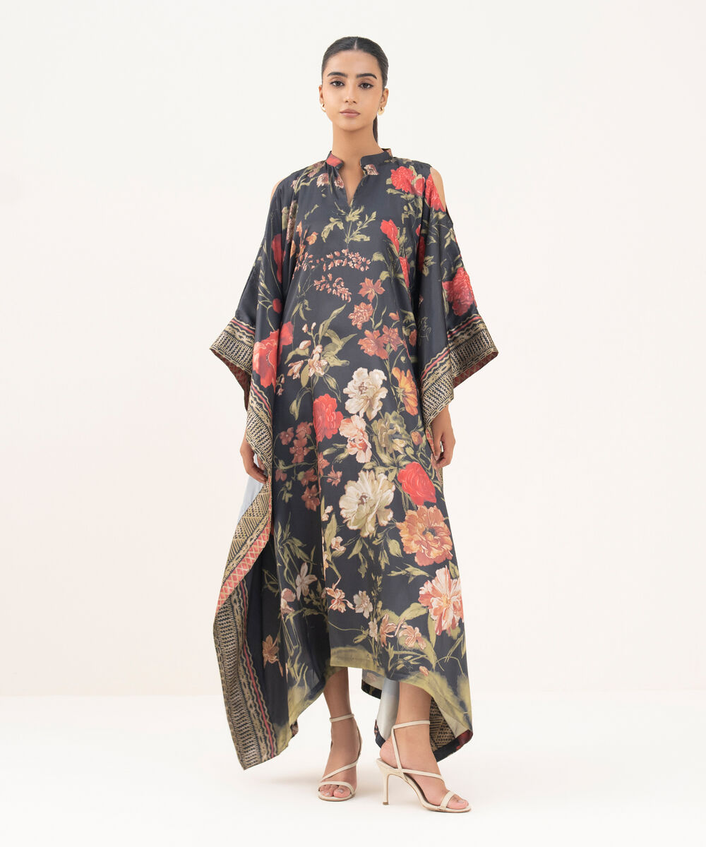 Women's RTW Blended Satin Black Printed Kaftan