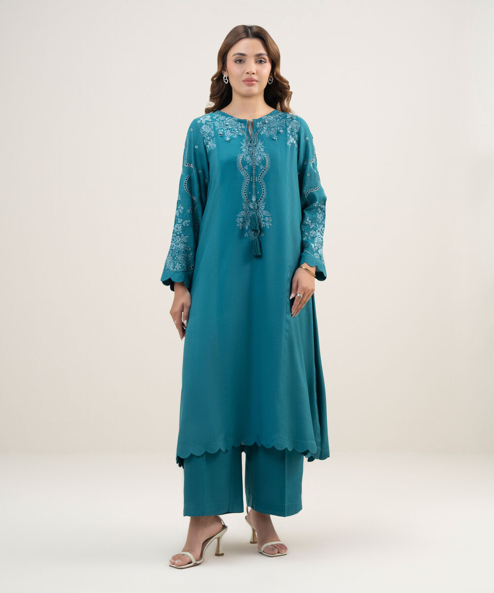 Women's RTW Viscose Raw Silk Embroidered Teal 2 Piece Suit