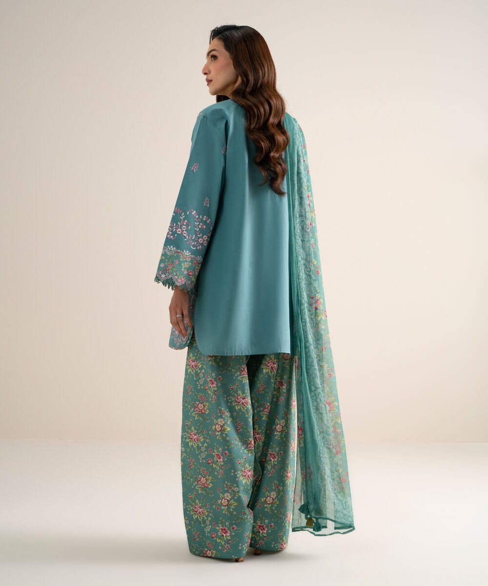 Women's Unstitched Slub Lawn Embroidered Blue  3 Piece Suit