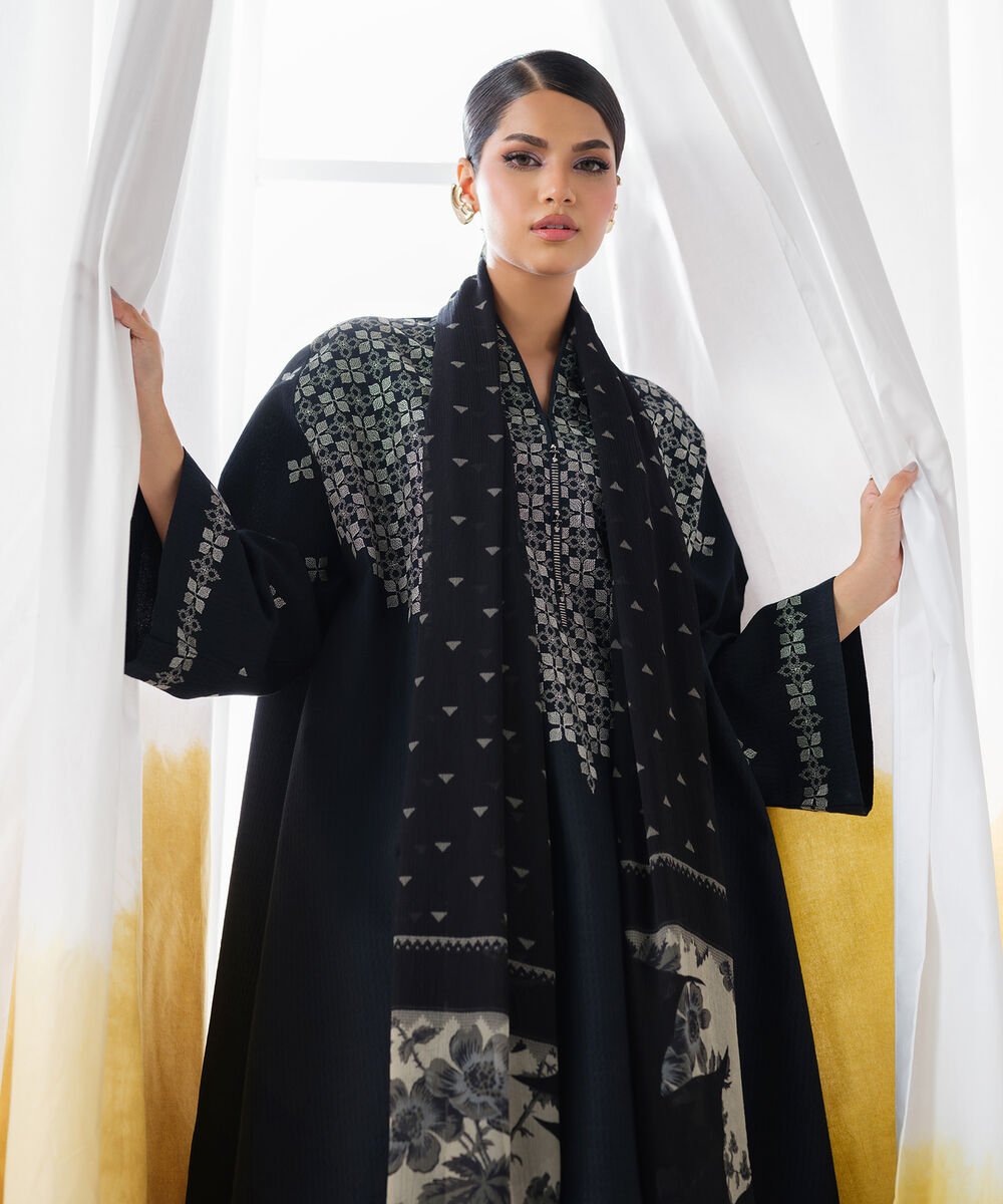 Women's Unstitched Dobby Embroidered Black 3 Piece Suit