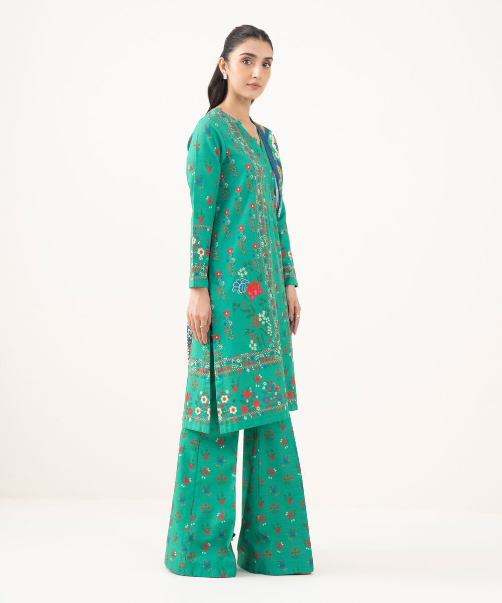 Women's Unstitched Printed Light Khaddar Green 3 Piece Suit