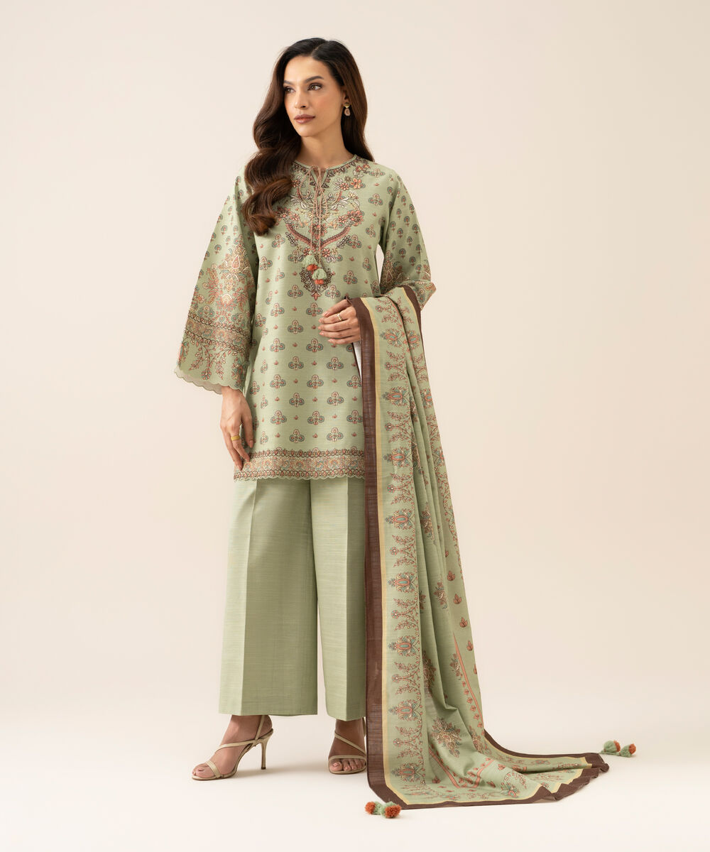 Women's Unstitched Premium Khaddar Embroidered Light Mint Green 3 Piece Suit