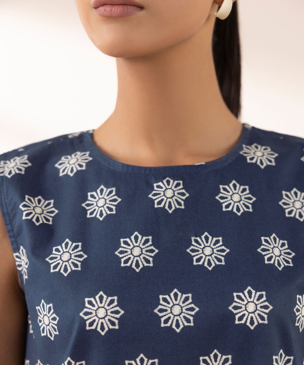 Women's RTW Cambric Blue Printed A-Line Shirt