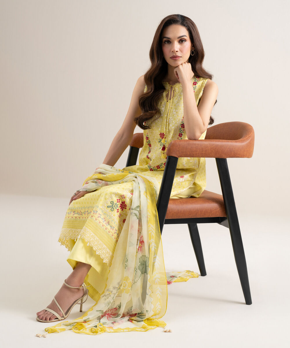 Women's Unstitched Lawn Embroidered Yellow  3 Piece Suit