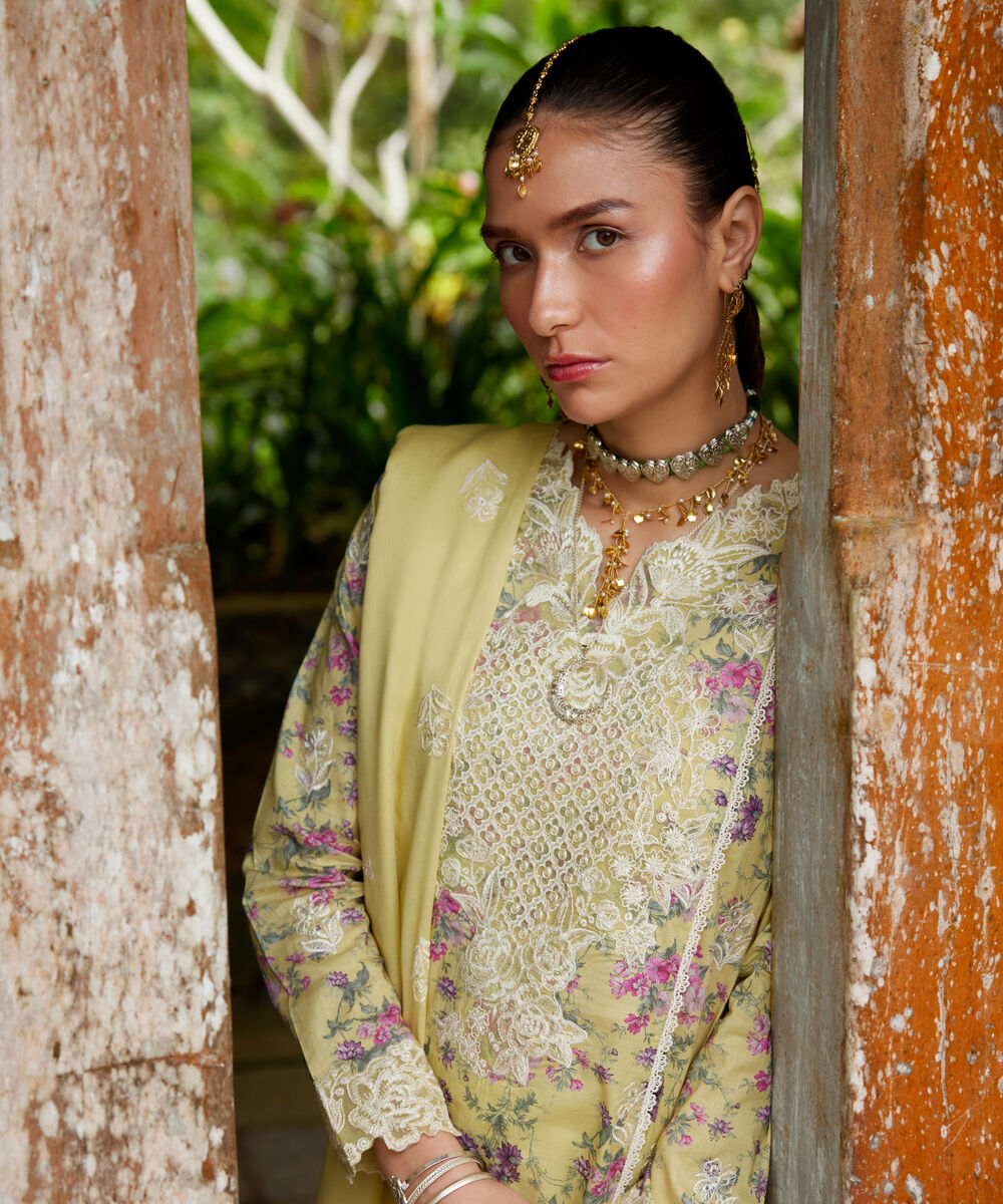 Women's RTW Lawn Embroidered Yellow A-Line Shirt