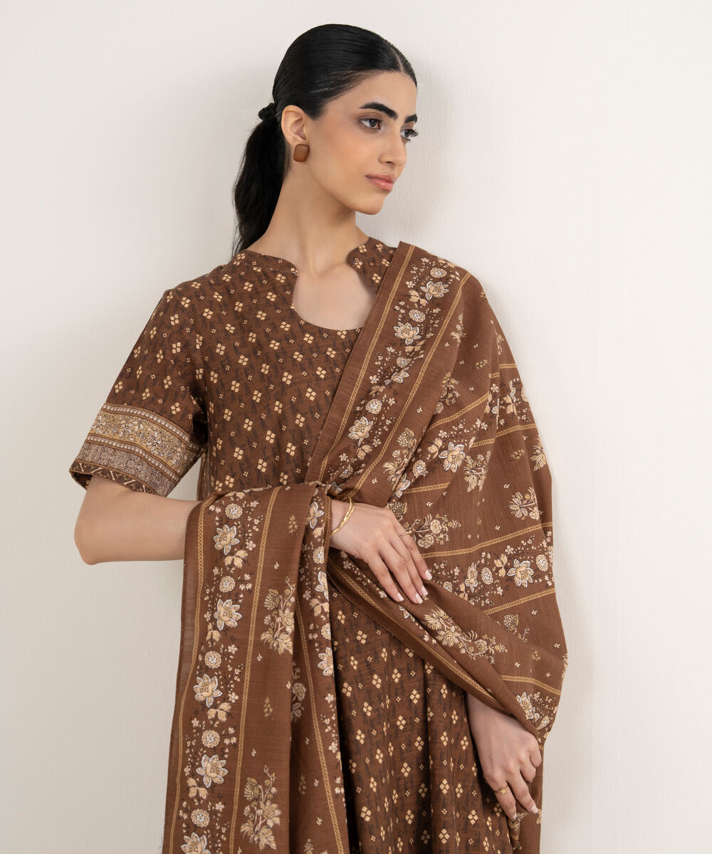 Women's Unstitched Printed Khaddar Brown 3 Piece Suit