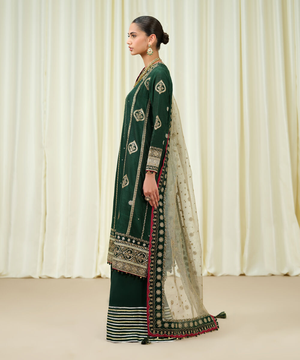 Women's Unstitched Raw Silk Embroidered Green 3 Piece Suit