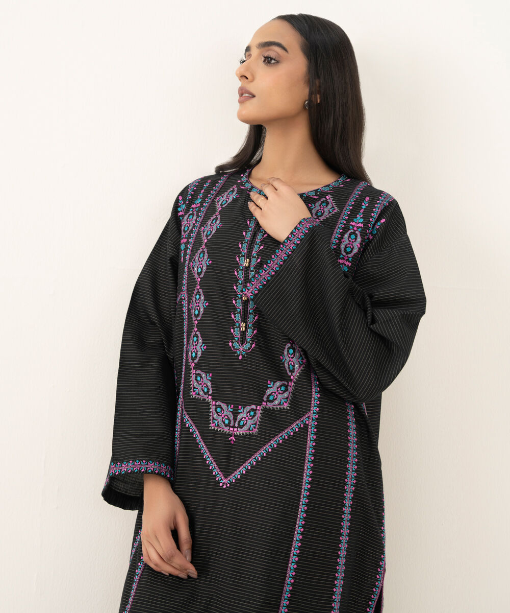 Women's RTW Light Khaddar Embroidered A-Line Black Shirt