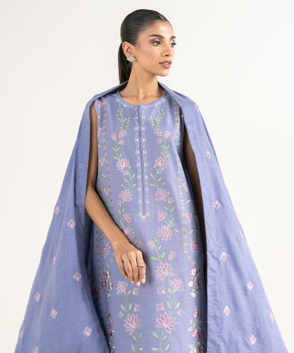 Women's Unstitched Lawn Embroidered Purple 3 Piece Suit