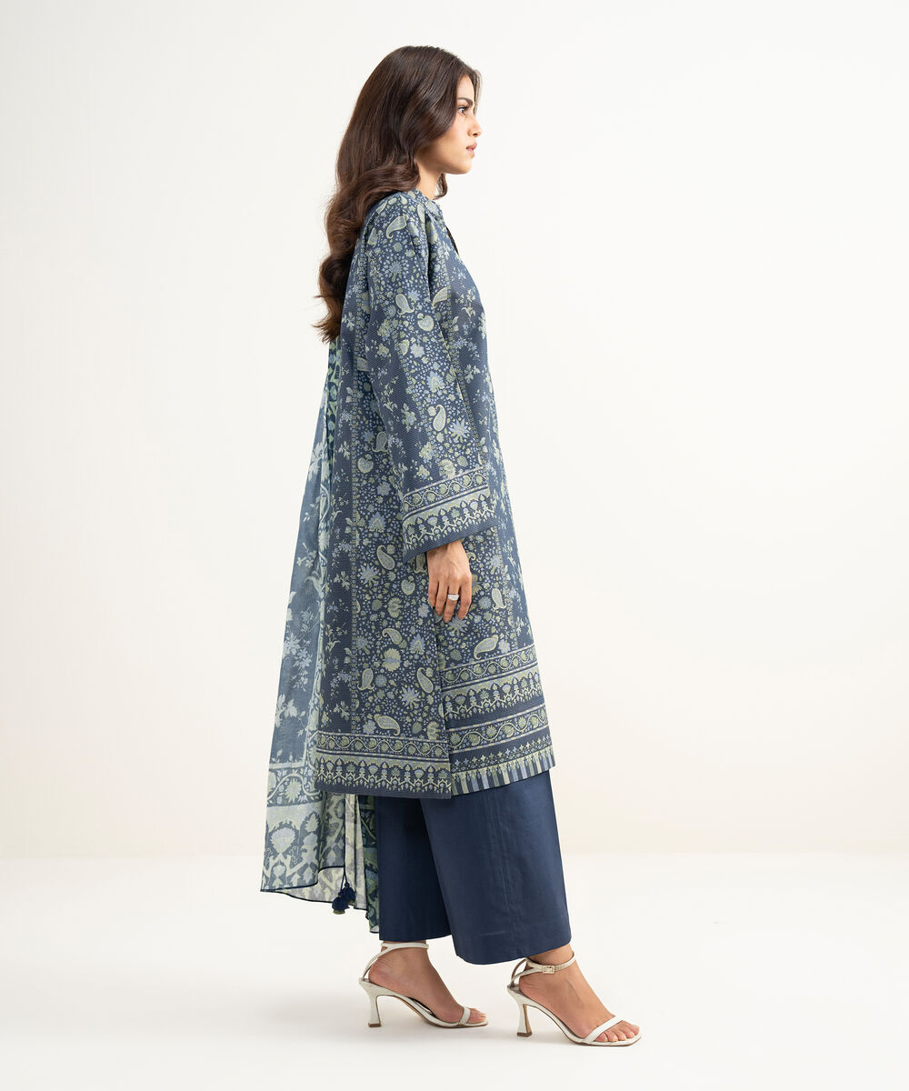 Women's Unstitched Zari Lawn Embroidered Blue 3 Piece Suit