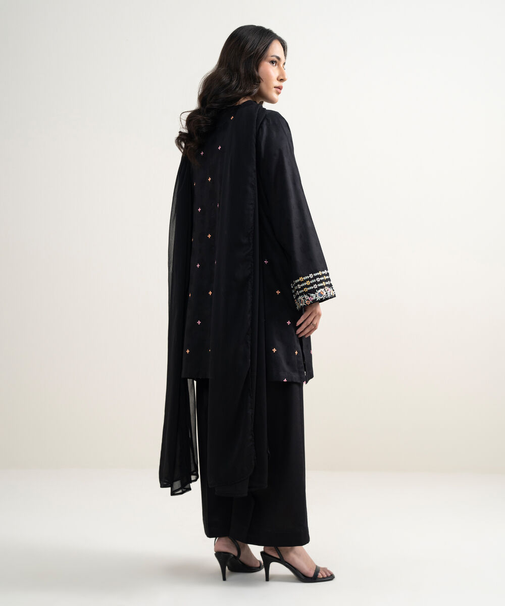 Women's RTW Self Jacquard Embroidered Black 3 Piece Suit