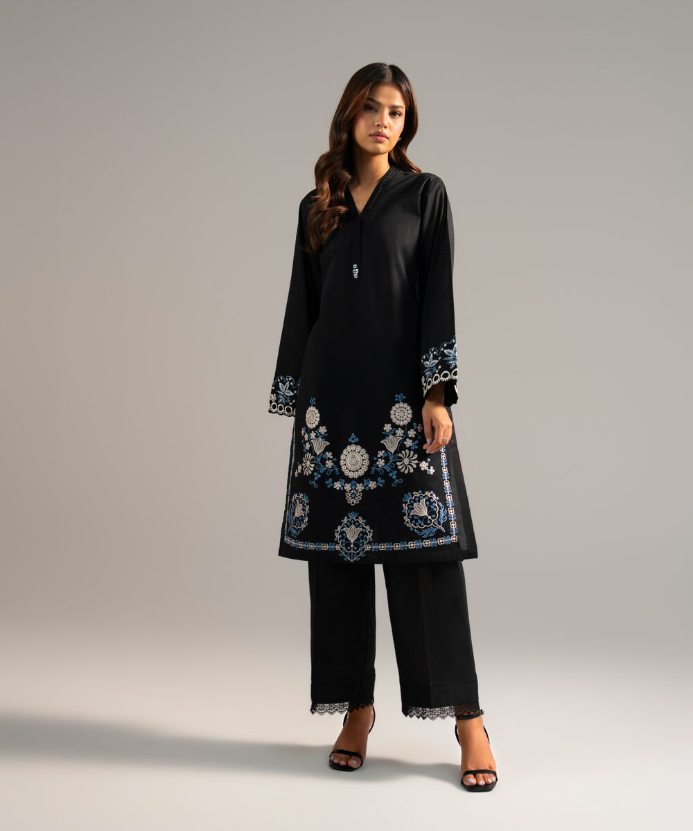 Women's RTW Crosshatch Embroidered Black Straight Shirt