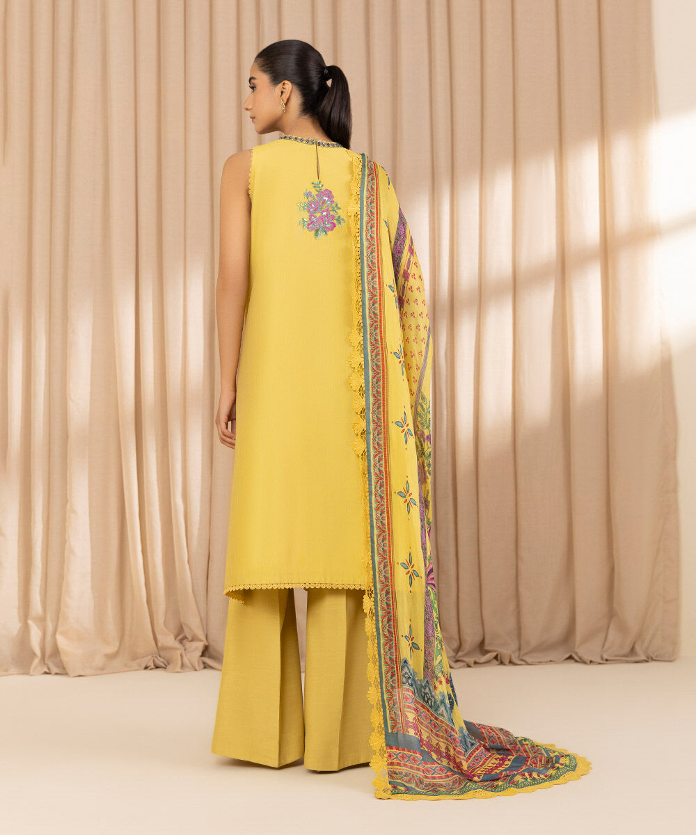 Unstitched Women's Embroidered Cotton Net Yellow Three Piece Suit