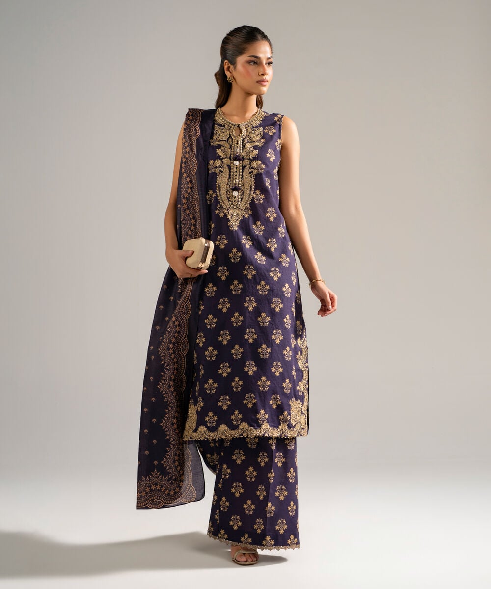 Women's RTW Dobby Embroidered Purple 3 Piece Suit