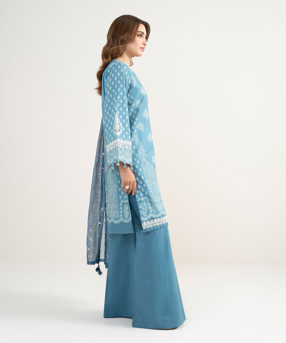 Women's Unstitched Lawn Embroidered Blue 3 Piece Suit