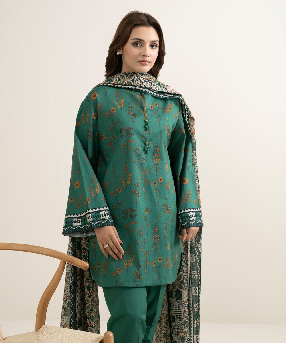 Women's Unstitched Lawn Printed Green 3 Piece Suit