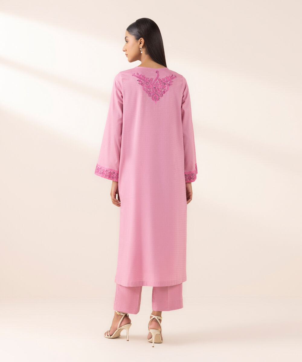 Women's Pret Dobby Pink Embroidered A-Line Shirt