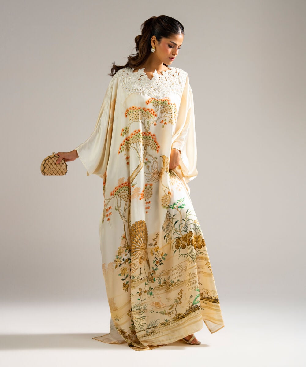 Women's RTW Blended Satin Printed Pale Yellow Kaftan